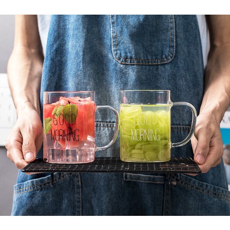 Ly thủy tinh chịu nhiệt uống nước dễ thương GOOD MORNING trụ tròn cốc thủy tinh cute trong suốt - Shop28Decor.com