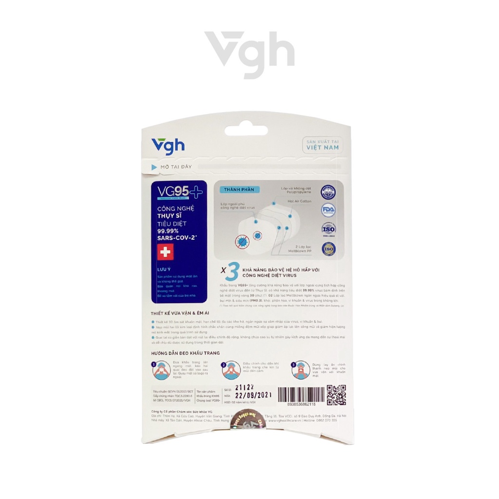 Khẩu trang VG95+ thiết kế 3D chuẩn KN95 công nghệ Thụy Sĩ diệt khuẩn - Chính hãng VG Healthcare - Đóng túi 1 chiếc