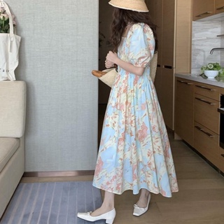 Đầm hoa cổ vuông tay phồng xếp ly thời trang retro 50466