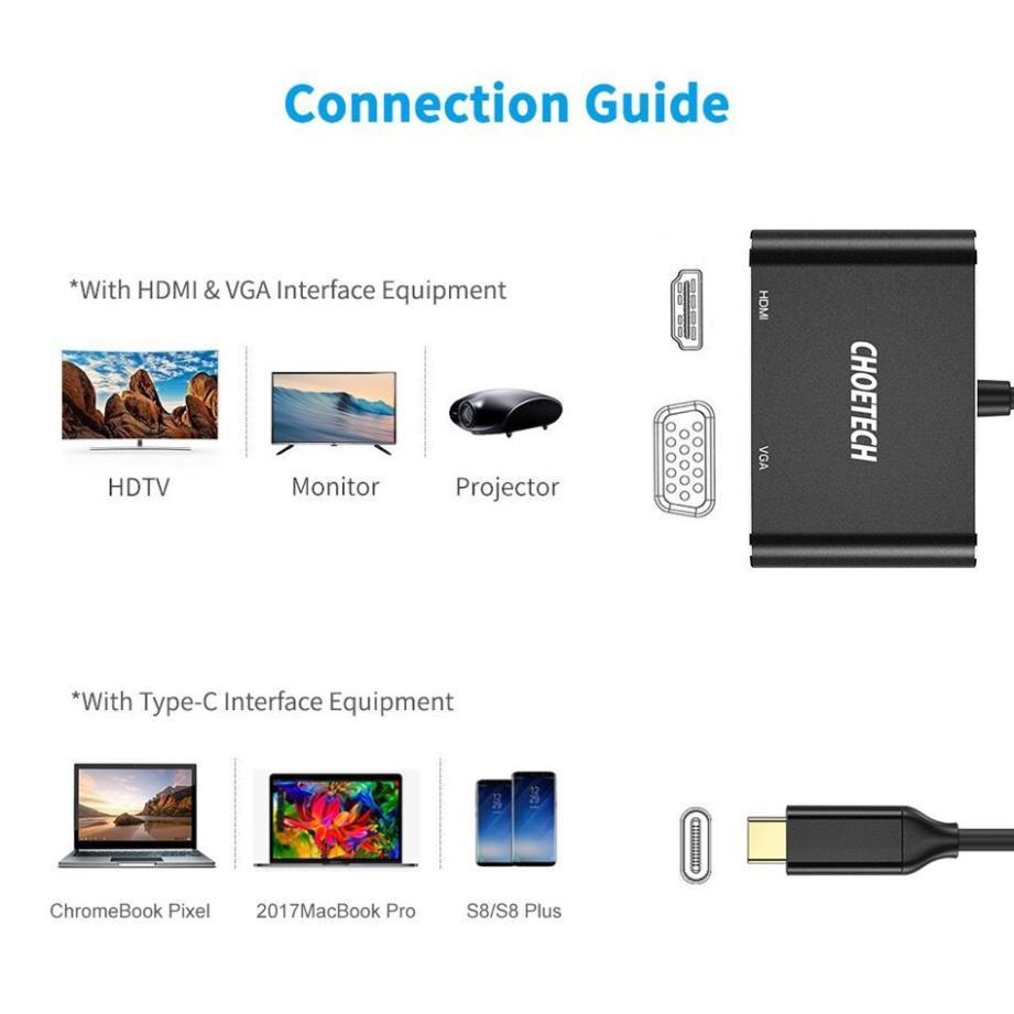 Hub chia cổng đa năng 2 in 1 Type-C ra VGA Full HD & HDMI chuẩn 4K hiệu CHOETECH M07BK dành cho Macbook Pro / Smartphone