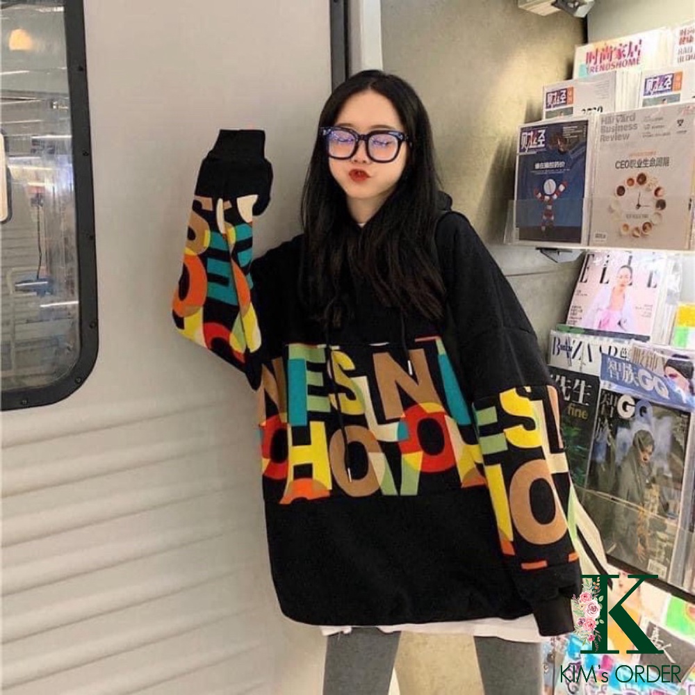 Áo Hoodie Nữ Dài Tay Màu Đen Phom Rộng Chất Nỉ Bông Dày Dặn Không Xù Có Mũ Phong Cách Hàn Quốc Thời Trang Hot Trend