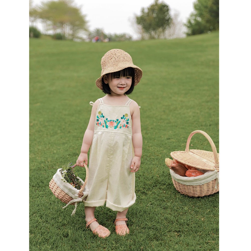Quần Yếm Cotton Lanh Dáng Rộng Thêu Hoa Phong Cách Nhật Hàn 2022 Thời Trang Cho Bé Gái