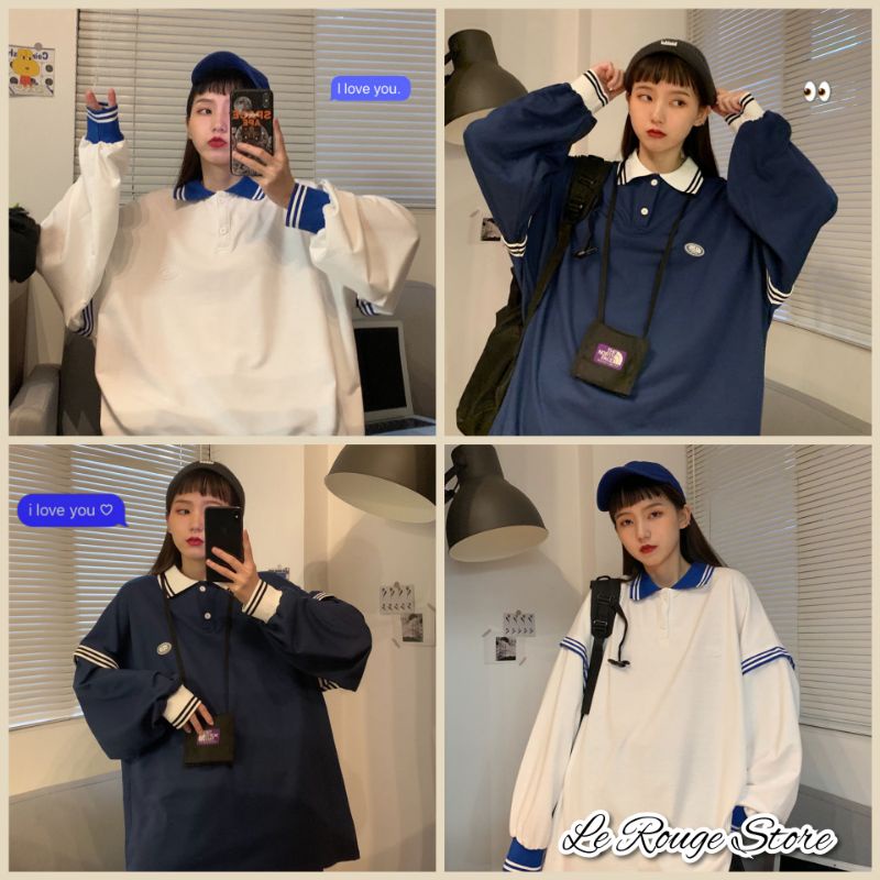 (ORDER) Áo sweater polo form rộng oversize viền sọc kiểu chất nỉ da cá nam nữ unisex phong cách old school (ảnh thật ) | BigBuy360 - bigbuy360.vn