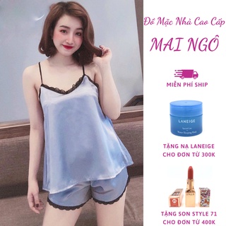 Đồ Bộ Lụa/Phi/Satin Đùi Mặc Ở Nhà Nữ - Bộ Quần Áo Ngủ Nữ 2 Dây Ren Lưng Mặc Nhà Mùa Hè, Bảng Màu Tây, MAI NGÔ