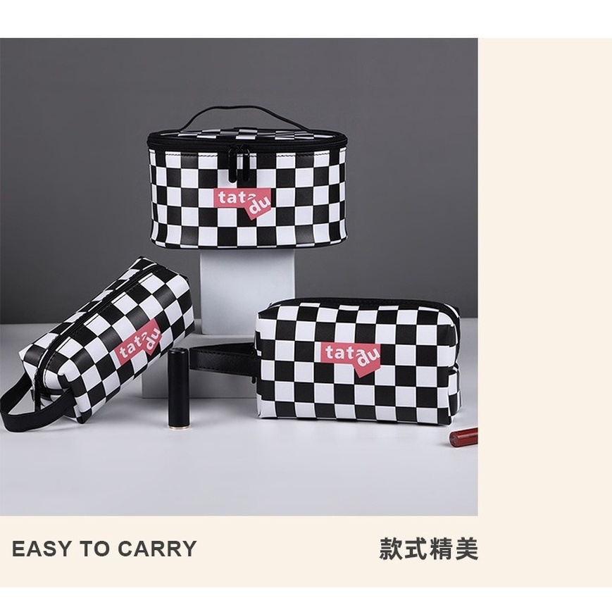 Túi Đựng Đồ Trang Điểm Nhiều Ngăn Sức Chứa Lớn Họa Tiết Sọc Caro Phong Cách Hàn Quốc Thời Trang
