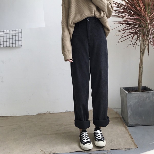 Quần BAGGY NHUNG GÂN màu đen Basic phong cách Ulzzang