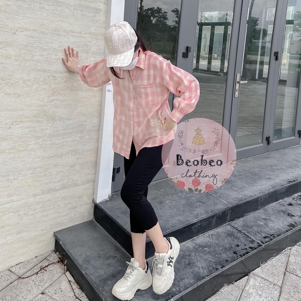 Set áo sơ mi caro pastel tay phồng kèm quần legging ulzzang