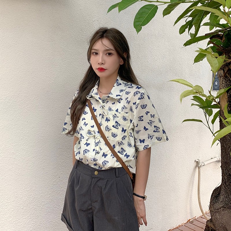 Áo Sơ Mi Ngắn Tay Dáng Rộng In Hình Bướm Xinh Xắn Thời Trang Mùa Xuân Cho Nữ