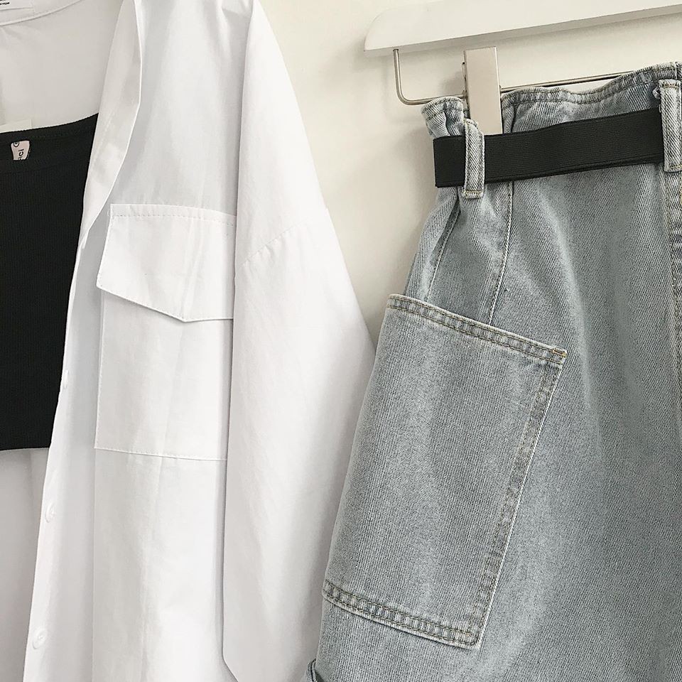 Quần Short Jean Nữ Túi Đáp Trước JEM CLOSET Quần Đùi Nữ Ống Rộng Thoải Mái Màu Xanh Nhạt Lên Form Siêu Thon Chân 2265