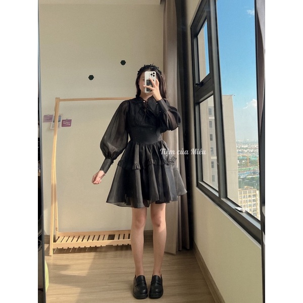 [𝗣𝗲𝗼𝗻𝘆 𝗱𝗿𝗲𝘀𝘀] Váy liền cổ V dài tay chân váy tầng tiểu thư