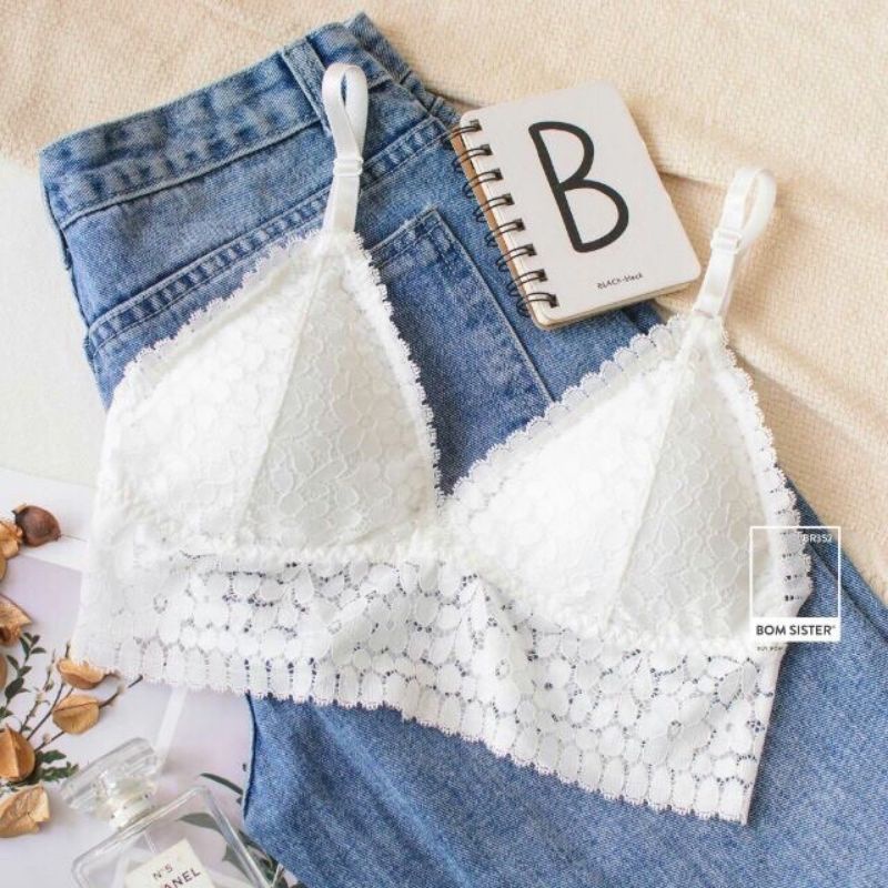 Áo Lót Nữ - Áo Bra ren hoa xanh hai dây croptop quyến rũ_BR032