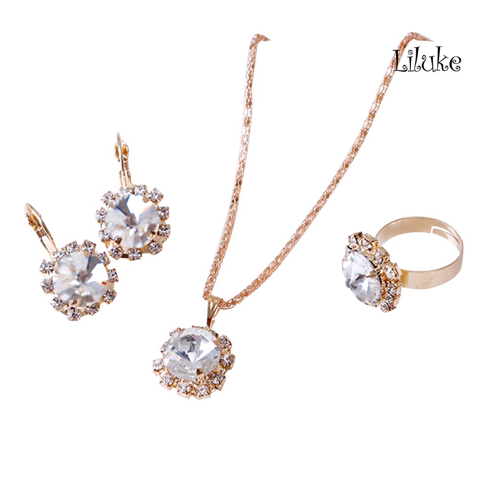 Bộ Vòng cổ + Nhẫn + Đôi Khuyên Tai Mặt Kim Cương Giả Sang Trọng Thời Trang Cho Nữ