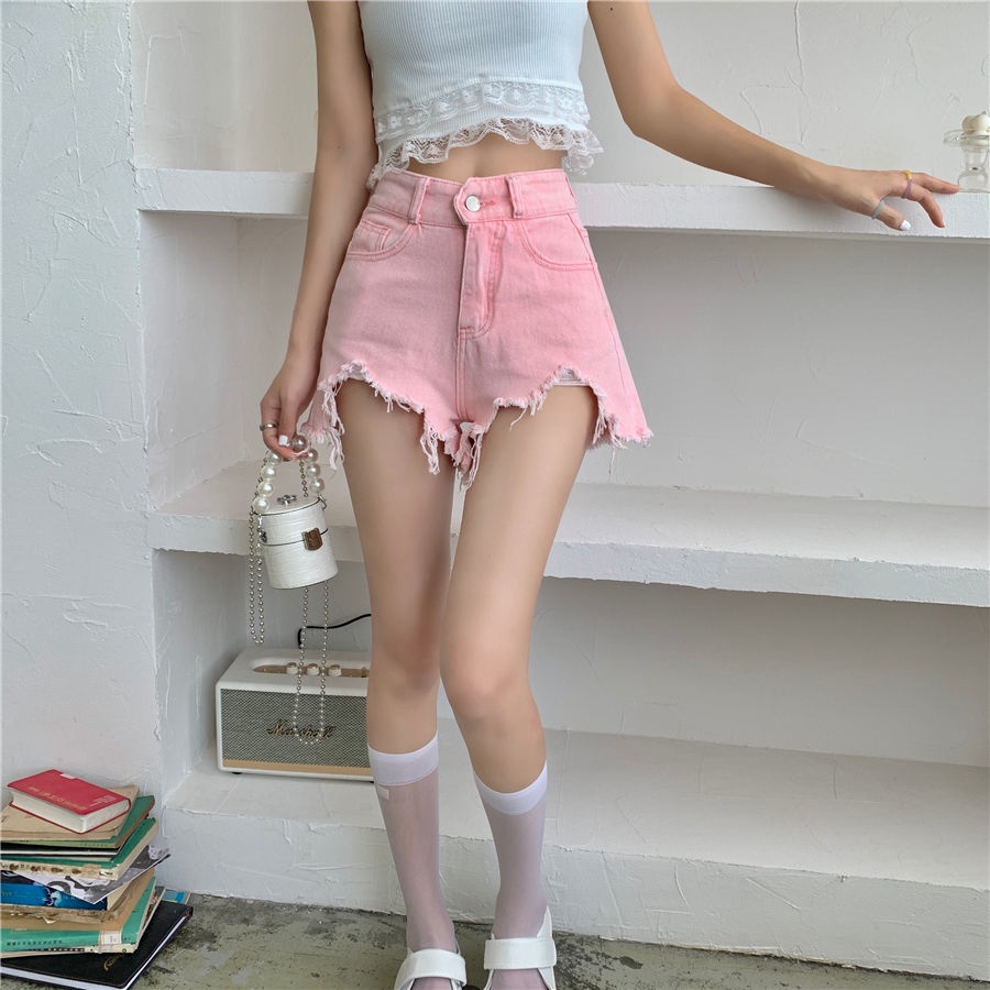 Jiashucheng Quần Short Denim Màu Hồng Lưng Cao Ống Rộng Không Đối Xứng Viền Raw Thời Trang Mùa Hè Hàn Quốc Mới Cho Nữ