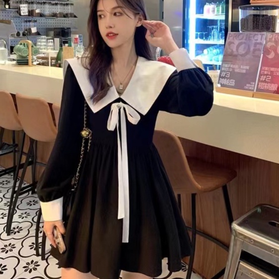 Đầm Ngắn Dáng Ôm Cổ Búp Bê Phối Dây Cột Thời Trang Mùa Thu Mới Cho Nữ