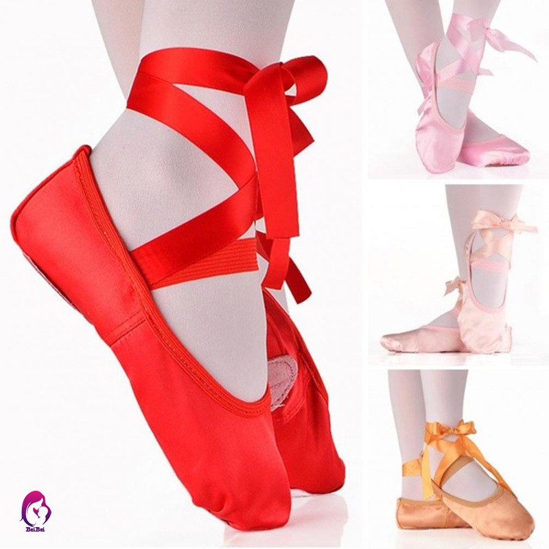 ♦♦ Children's and Adult Girls Ballet Dance Shoes Satin Gymnastics Flats Split Sole with Ribbon