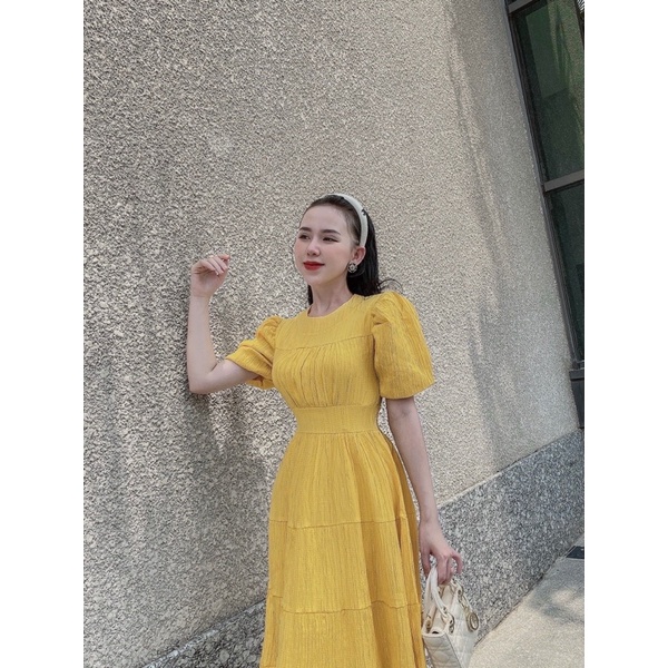 Đầm midi xốp tầng tay bồng CS
