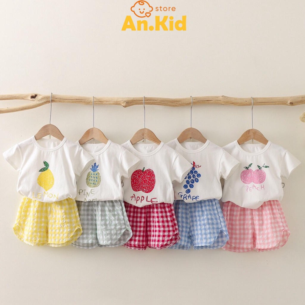 Đồ Bộ Cộc Tay Bé Trai, Bé Gái Chất Thun Cotton Mềm Hoạ Tiết Hoa Quả Phối Quần Kẻ Caro - AN.KID