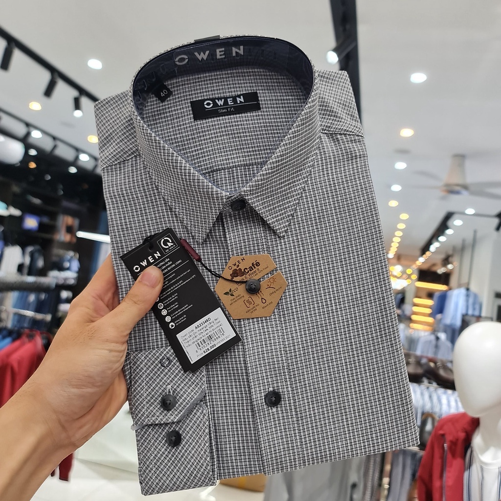 Áo sơ mi nam dài tay OWEN AS23348D somi công sở vải café cao cấp màu ghi melange trắng đen dáng ôm tà lượn không túi