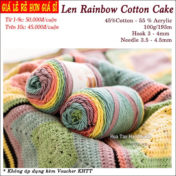 Len Rainbow Cotton Cake- Len đan móc khăn, nón Bảng màu 17 đến 28