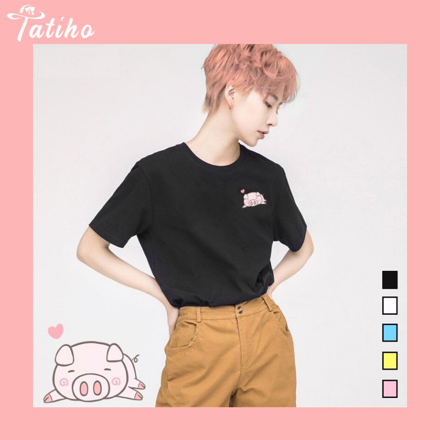 [Hàng Xịn, Gía Tốt] Áo Phông Thun Nữ Tay Ngắn Icon Heo Hàn Quốc - Unisex - Cotton - Mã AT008