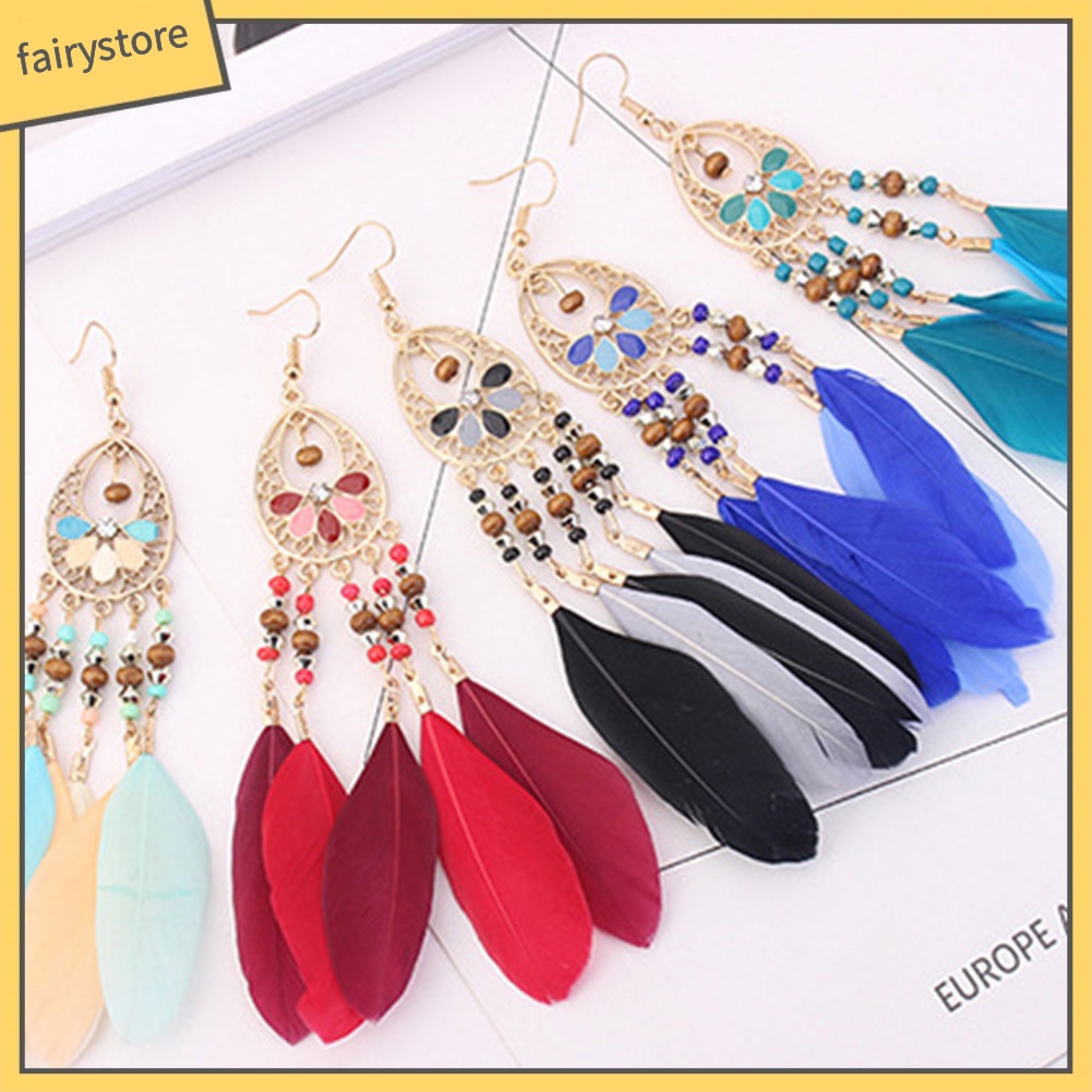 Hoa Tai Dáng Dài Phối Lông Vũ Phong Cách Bohomian