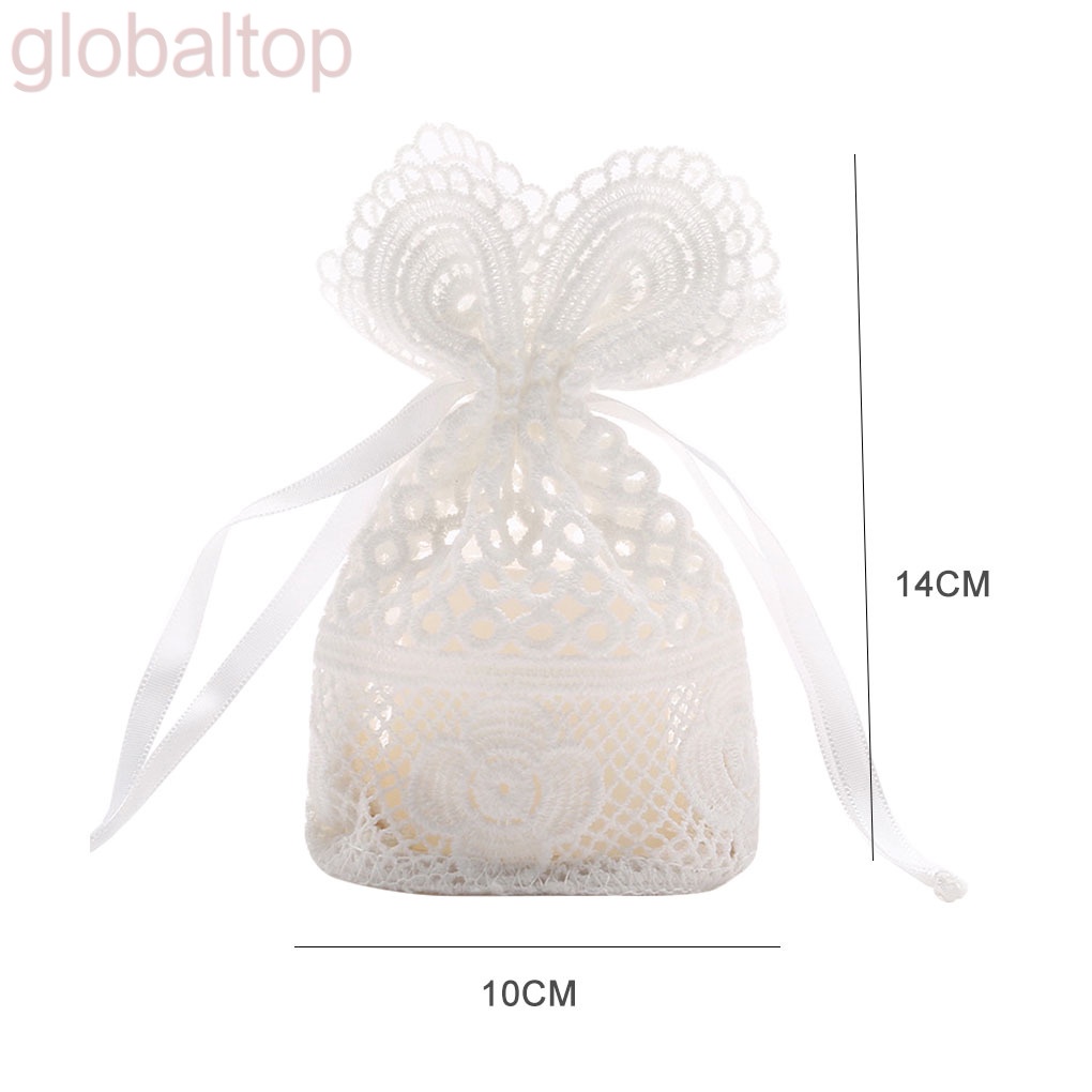 Túi dây rút đựng trang sức bằng vải lanh cotton phối ren màu trắng
