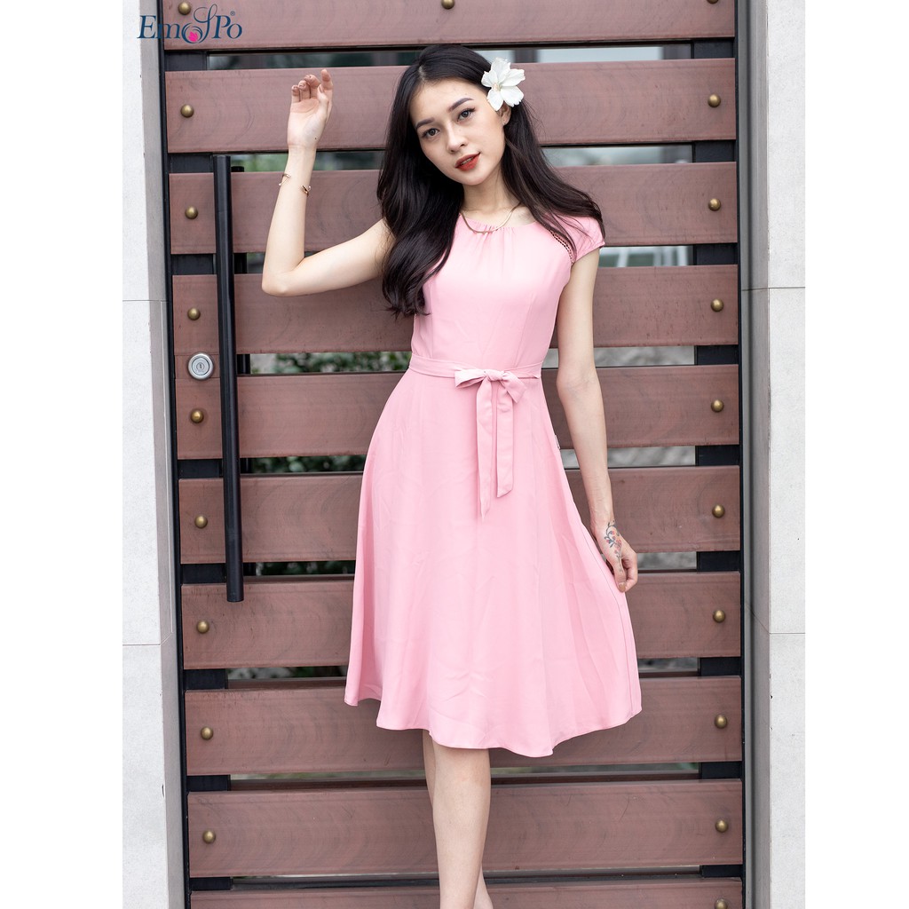 Đầm xòe tay phối ren, rúm ly cổ Emspo DS3784