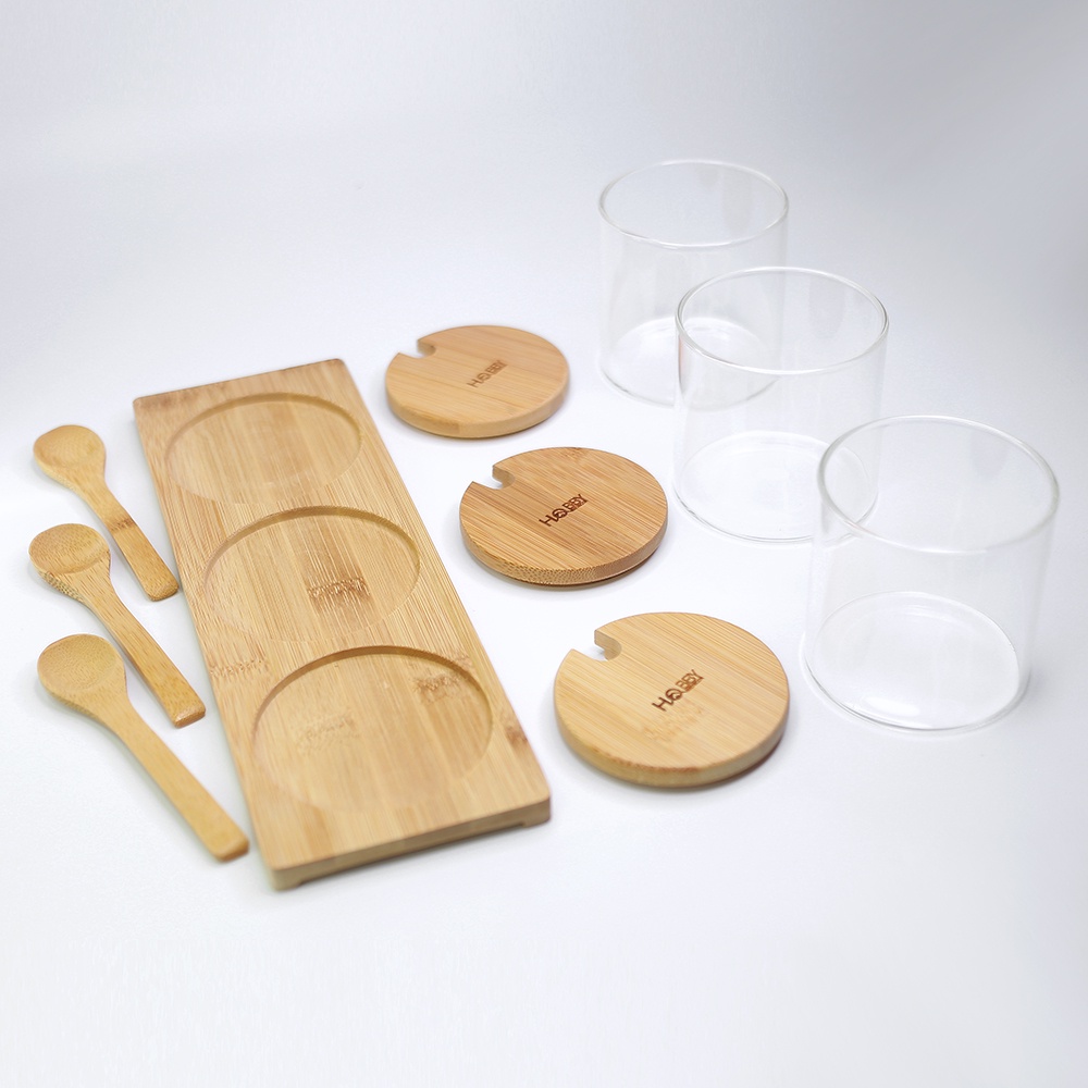 Bộ 3 hũ thủy tinh nắp gỗ đựng gia vị có nắp muỗng Hobby Home Decor VTD