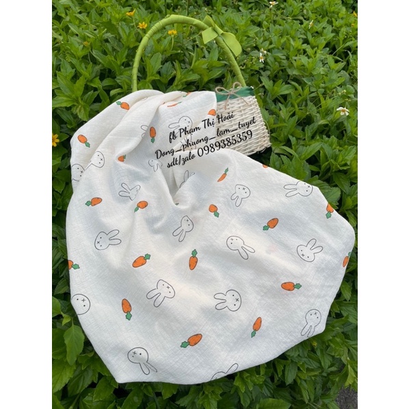 vải đũi xốp mềm mịn hình thỏ tai dài hồng siêu xinh may váy bộ