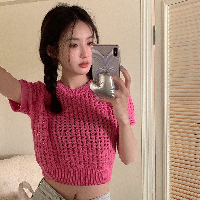 IELGY Áo Thun Dệt Kim Tay Ngắn Dáng Rộng Đục Lỗ Kiểu Hàn Quốc Thời Trang Cho Nữ