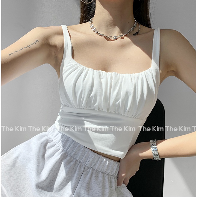 Áo 2 dây cổ U nhún ly ngực croptop , áo thun chất cotton co giãn tôn dáng The Kim A102