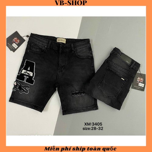 Quần short jean nam màu xám đậm co giãn vài dày dặn thêu chữ nổi độc lạ chuẩn VB-SHOP3405