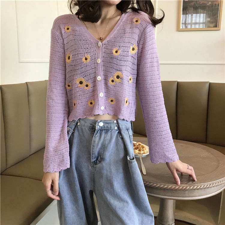 Áo Khoác Cardigan Dệt Kim Mỏng Tay Dài Dáng Ngắn Thêu Họa Tiết Thời Trang Cho Nữ