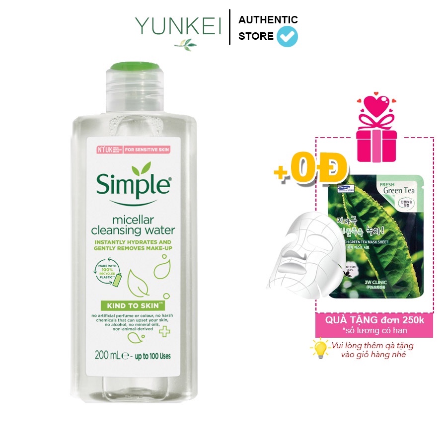 Nước tẩy trang Simple Kind to Skin Micellar Cleansing Water 200ml