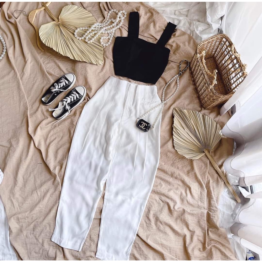 SET ÁO CROP ĐEN 2S BẢN TO + QUẦN BAGGY TRẮNG