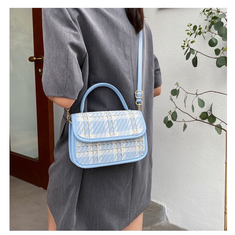 Túi Xách Nữ Vuông Họa Tiết Kẻ Sọc Xu Hướng Thời Trang 2021-Đen/Xanh Dương-Có Quà Tặng