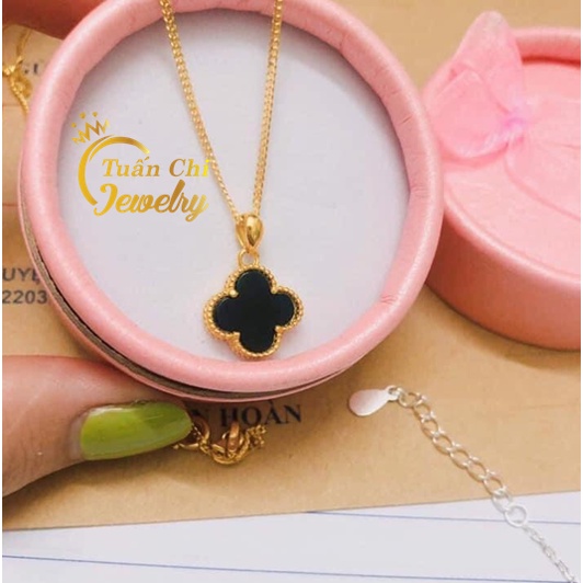🔥HÀNG CHUẨN🔥 Mặt Dây Chuyền- Mặt Vòng Cổ Cỏ 4 Lá Đá Đen Nổi Bật, May Mắn, Gold 10kara