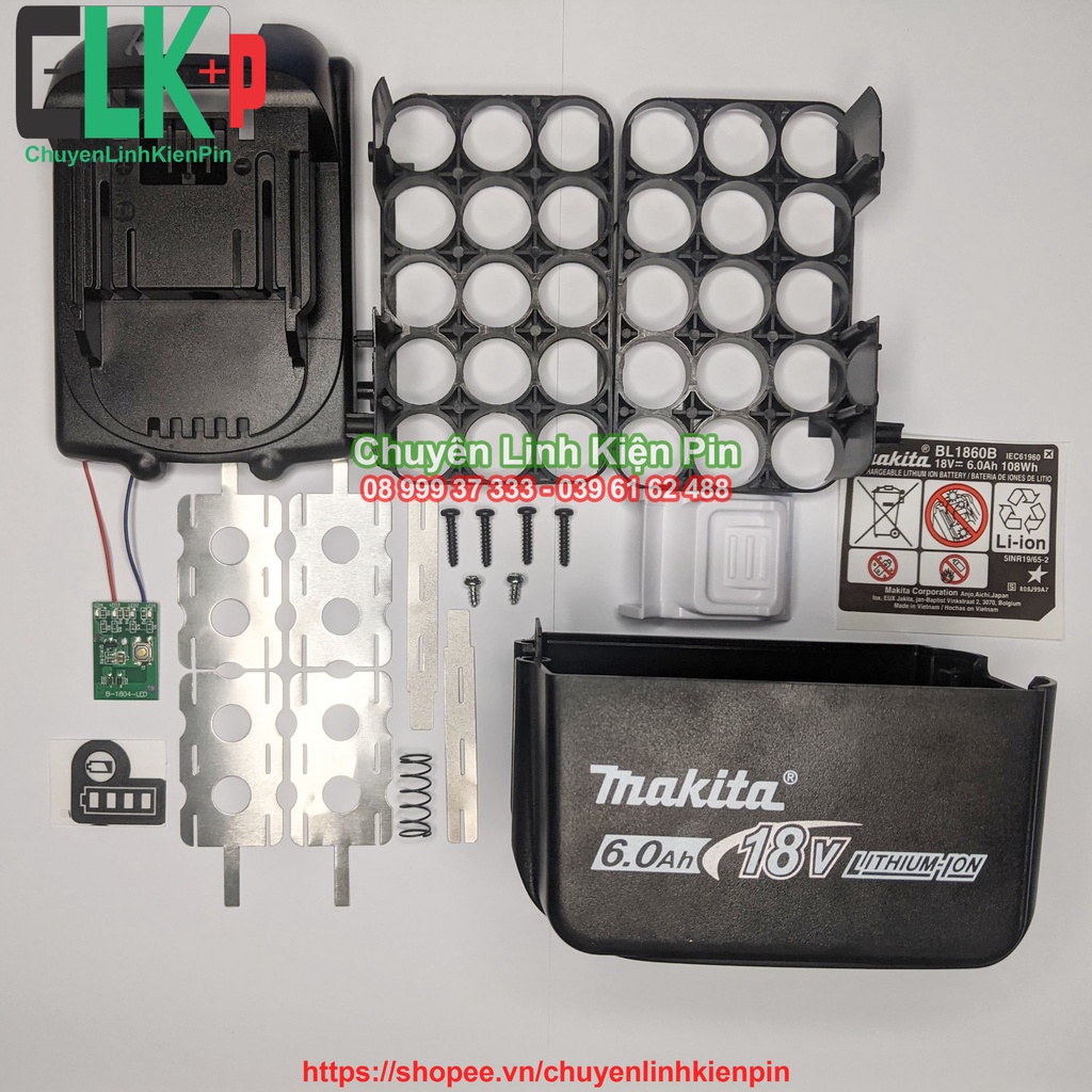 [ 3H V9 ] Vỏ Makita V9 18V 6.0Ah 3 hàng 15cell 18650, nhận sạc adapter, có led báo pin, kèm kẽm ( BL64_319 )