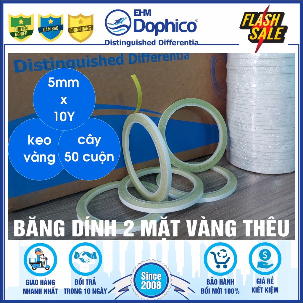 Băng dính 2 mặt vàng thêu bản rộng 5mm – Dùng trong công tác VPP, dán hồ sơ, bao thư, bưu thiếp, hộp quà..