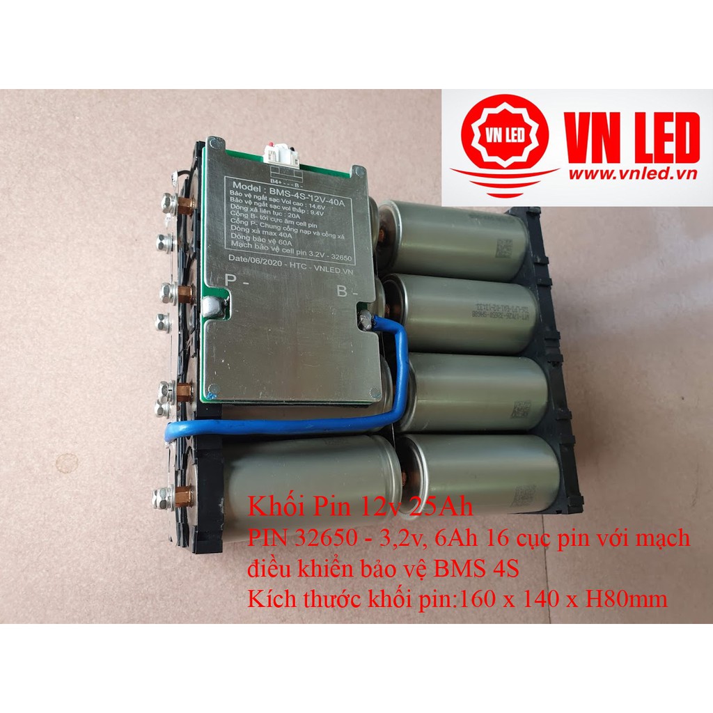 Khối Pin 12v 25Ah, Pin sạc Lithium sắt, 16 viên pin 32650, mạch bảo vệ BMS 4S, hotline 0936395395