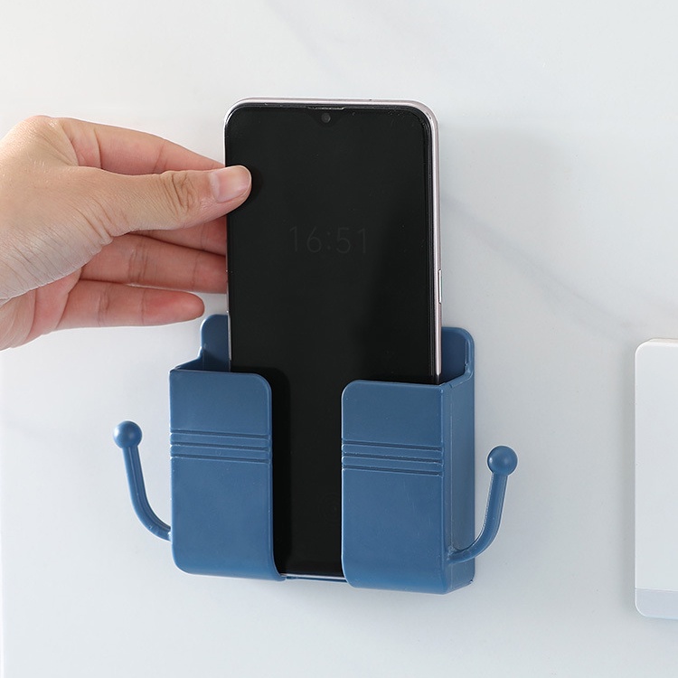 Giá Đỡ Dán Tường Để Sạc Điện Thoại, Remote, Ổ Cắm/ Kệ Đựng Đồ Dán Tường Kèm 2 Móc Treo Đồ
