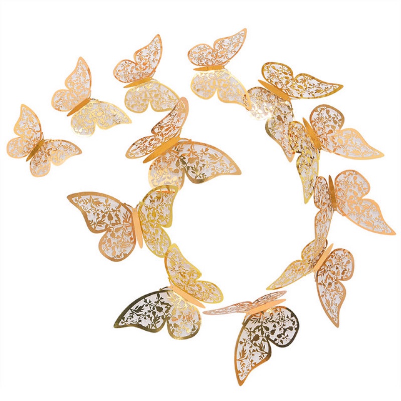 Hot 12 Cái Cờ Bướm Vàng Nhân Tạo Kết Cấu Kim Loại Lãng Mạn Trang Trí Bánh Cưới Thủ Công