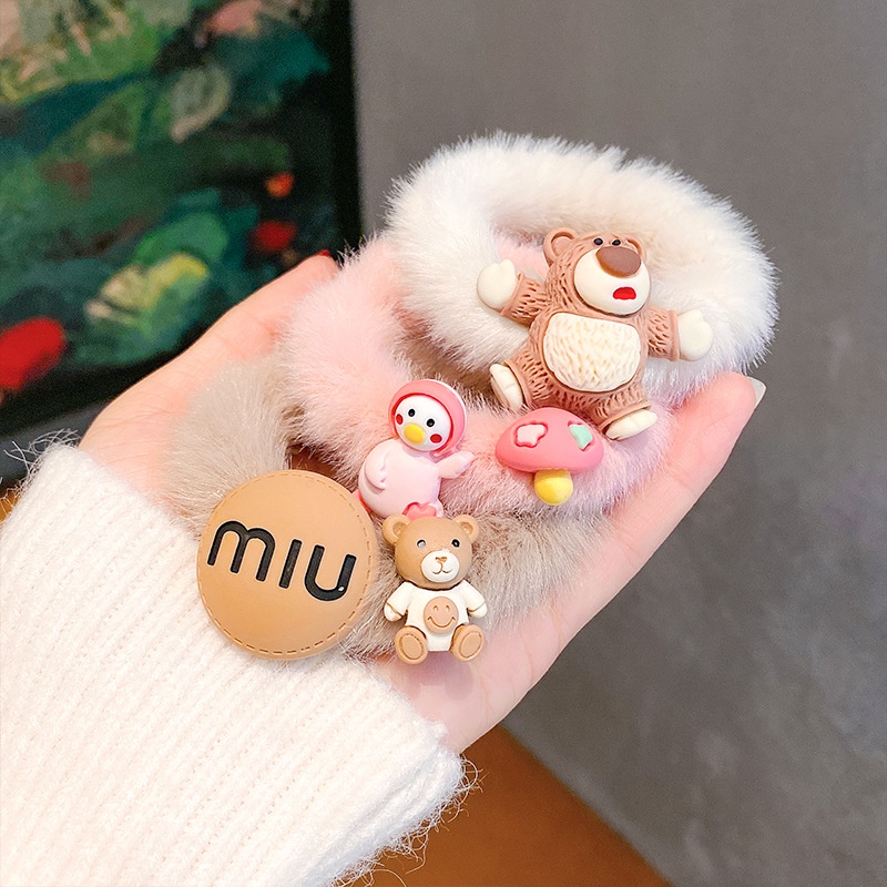 Dây buộc tóc cao su phối vải lông họa tiết hoạt hình thời trang 2021