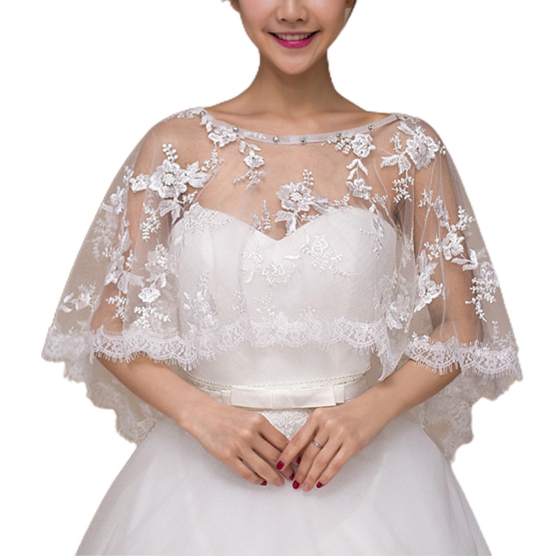 Xiangbao Khăn Choàng Cổ Vải Tuyn Phối Ren Thêu Hoa Trang Trí Lông Mi Cao Thấp Dành Cho Cô Dâu Bolero
