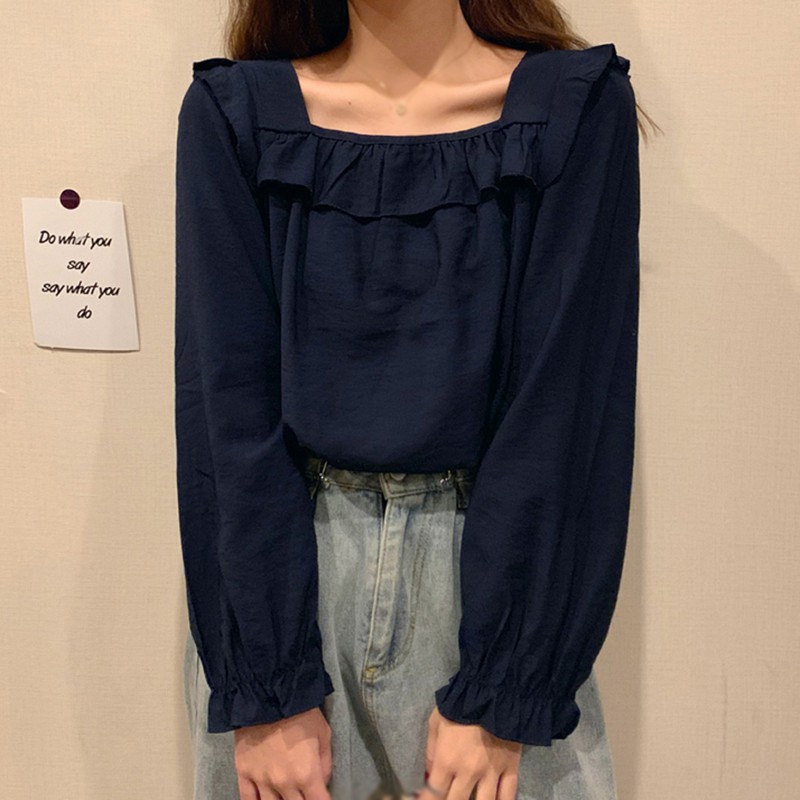 Áo Kiểu Tay Dài Cổ Vuông Phối Ren Màu Trơn Xinh Xắn Cho Nữ