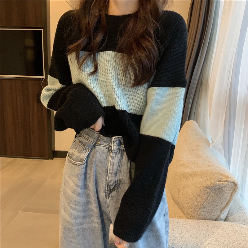 Áo Sweater dệt kim dáng rộng kẻ sọc kiểu Retro Hàn Quốc thời trang mùa thu mới cho nữ