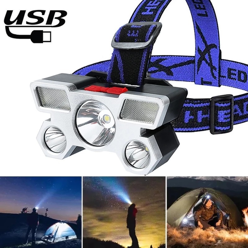 Đèn led đeo đầu 5 bóng mạnh kèm pin sạc USB chống thấm nước tiện dụng mang theo du lịch dã ngoại