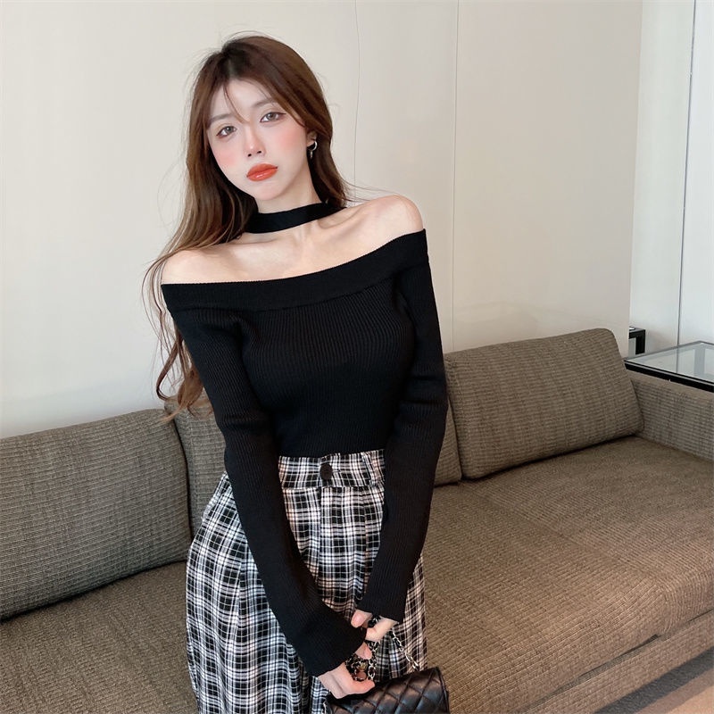 COZOK Áo len tay dài hở vai màu đen quyến rũ thời trang thu đông cho nữ