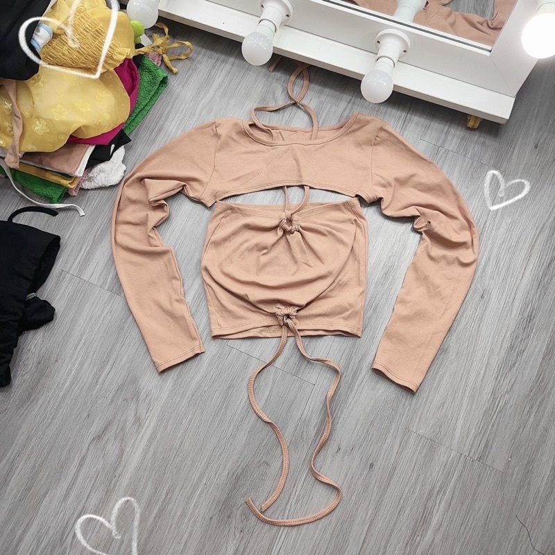 Set 2 Món Croptop Áo Dây Rút Eo Mặc 2 kiểu Kèm Áo Úp Ngược Tay Dài
