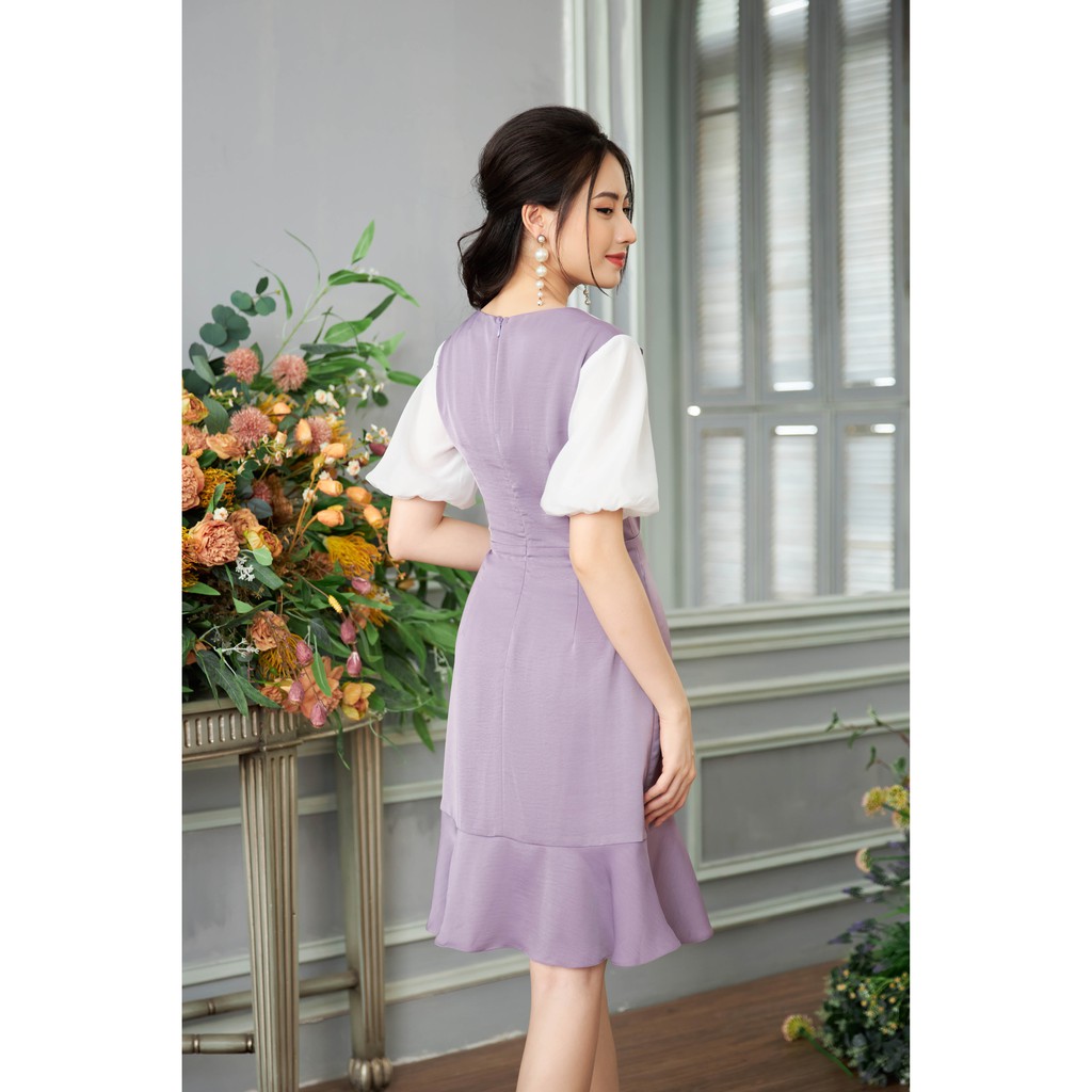 Đầm xòe phối tay Tri'C Luxury cổ phối organza Tím A20720